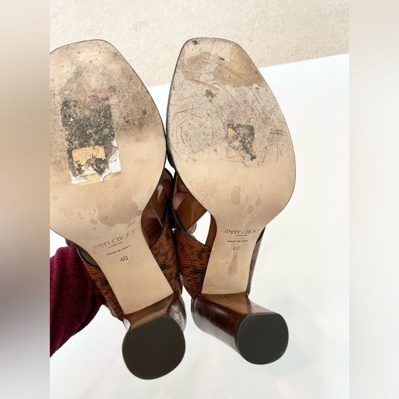 Jimmy Choo Aix 85 Snake Printed Brown Patent leather block heel sandals EU 40 - Picture 7 of 9